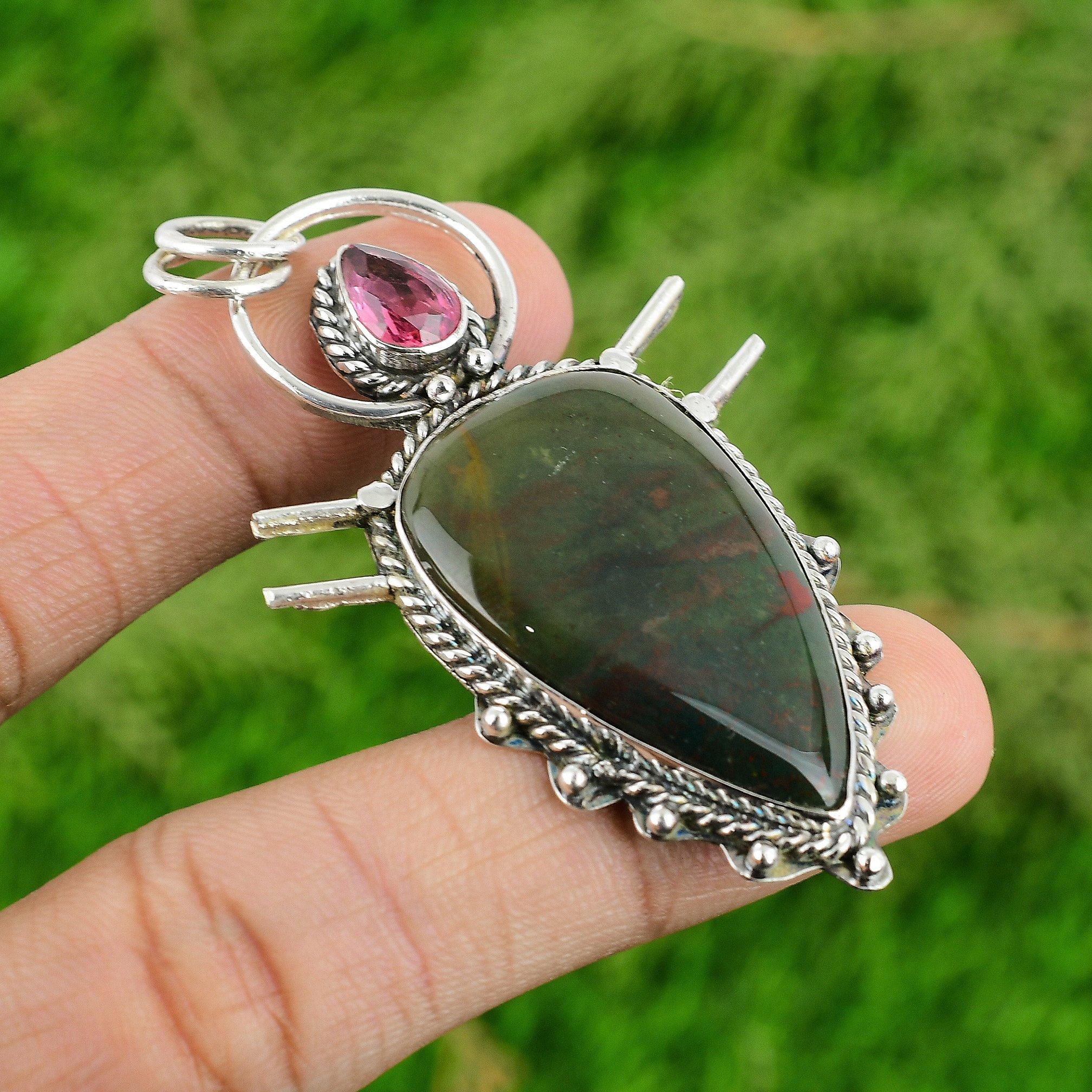 

Pear Bloodstone Gemstone Pink Tourmaline 925 Sterling Silver New Pendant Jewelry