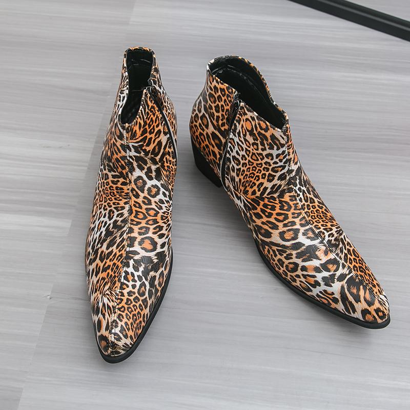 

Men s Elevator Chelsea Boots High Heel Zip Design Leopard Print Leather Ankle Boots Anti-Slip Casual Formal Men s Boots 45 коричневий
