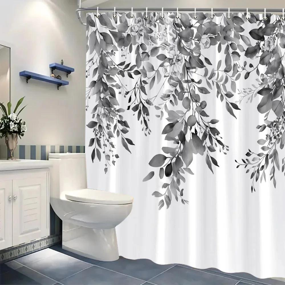 Watercolor Plant Leaf Shower Curtain Thanksgiving Gift Polyester Green Leaf Printed Shower Curtain Bathroom Decoration