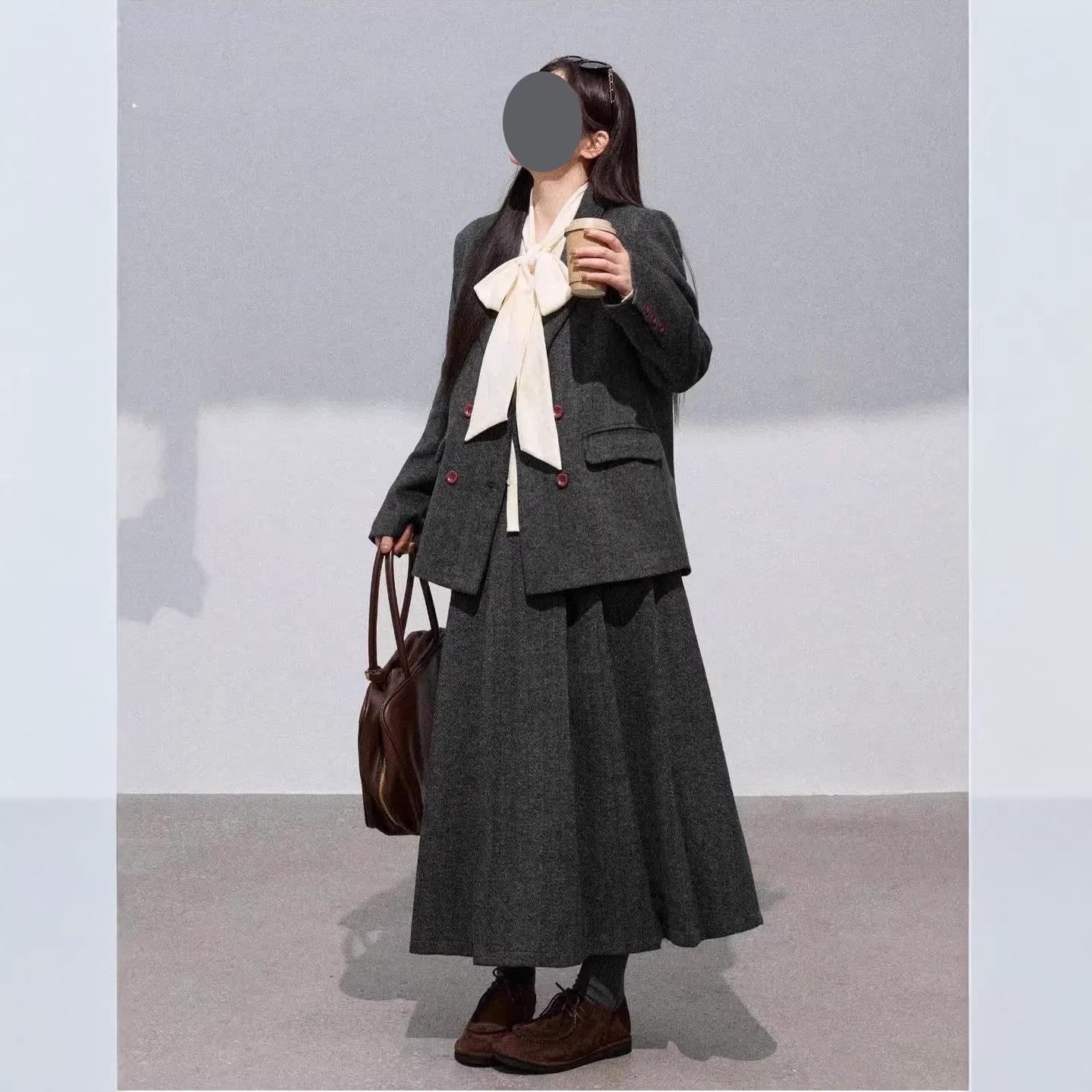 

2025 Winter Plus Size Wool Herringbone Suit Jacket & Skirt Set for Slightly Plump Girls 5XL (105-115 kg) чорний колір сірий