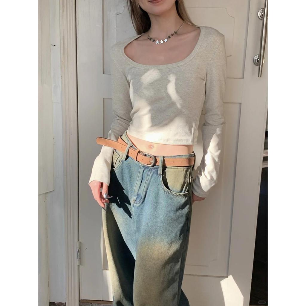 [Original Quality] Simple Casual Large Neckline U-neck Solid Color Long-sleeved Bottoming Shirt for Women's Autumn Slim and Versatile T Women