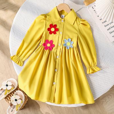 Mädchen Modisches Kleid 2025 Herbst Kinder Stilvolles Sonnenblumen Langarm Hemdkleid