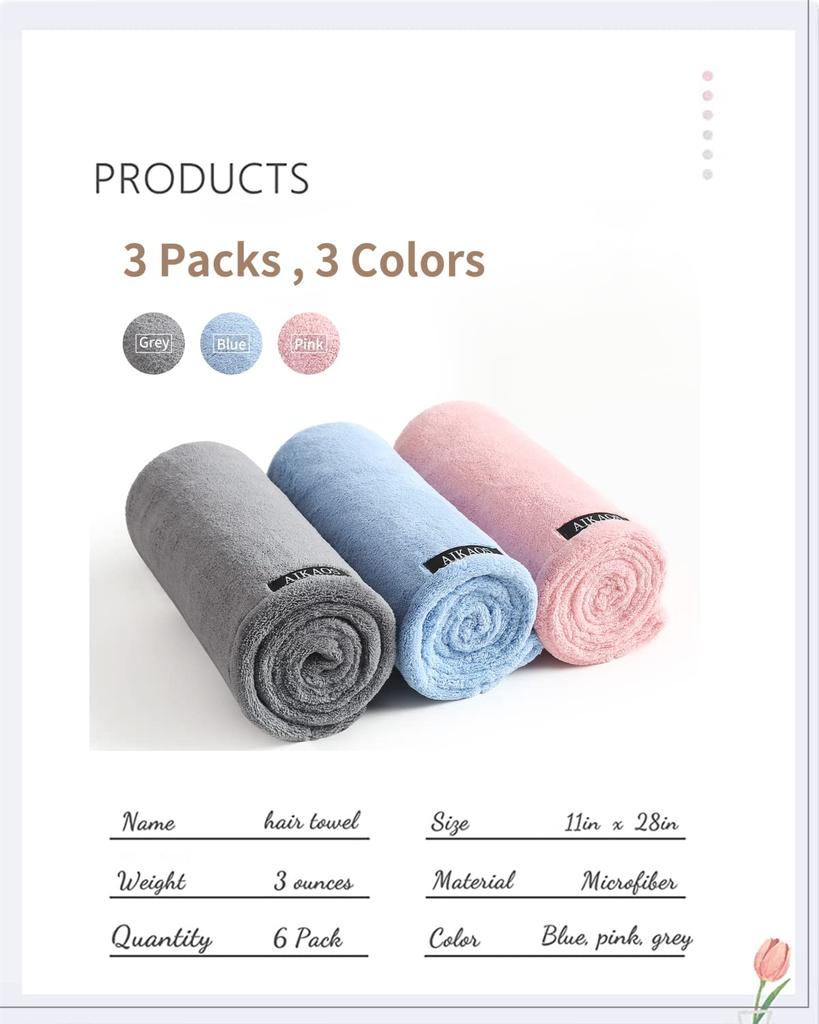 AIKAOS Microfiber Hair Towel Wrap for Women, 3 Pack 11 Inch X 28 Inch Super Absorbent Quick Dry Hair Turban, 2 Buttons Design for Women Wet Hair, C