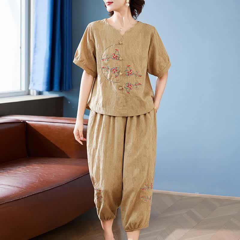 Yuzhaolin Women's Cotton New Chinese Style Embroidered Two-Piece Set