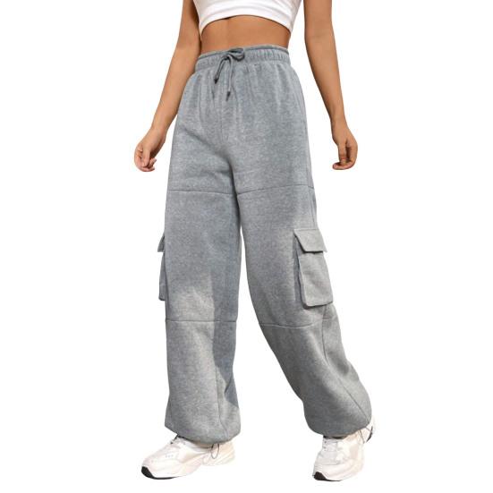 Women Cargo Pants Elastic High Waist Adjustable Drawstring Long Pants with Multi Pockets Wide Leg Design Solid Color Casual Pants