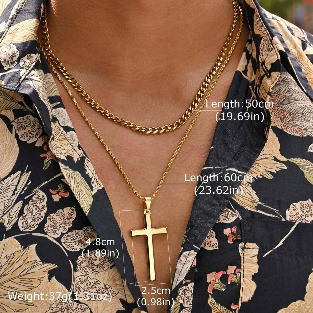 2pcs Punk Cross Necklace for Men BoysStainless Steel Stacked Chain Necklace,Male Sweater Chain Gift