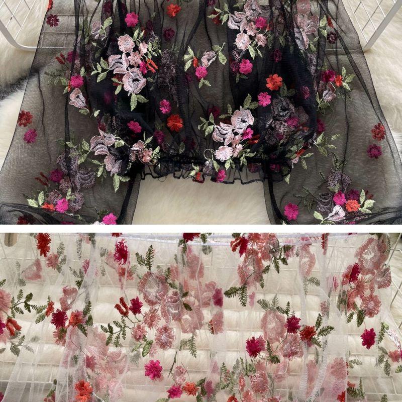 Chemisier à épaules dénudées pour femme, haut à manches longues lanterne, pull en dentelle transparente, chemisier à fleurs, chemisiers