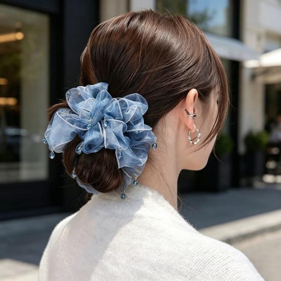 Hair Tie Beads Decor Double Layer Mesh Women Hair Rope Bun Half-Tied Hairstyles Ponytail Holder Hair Accessory