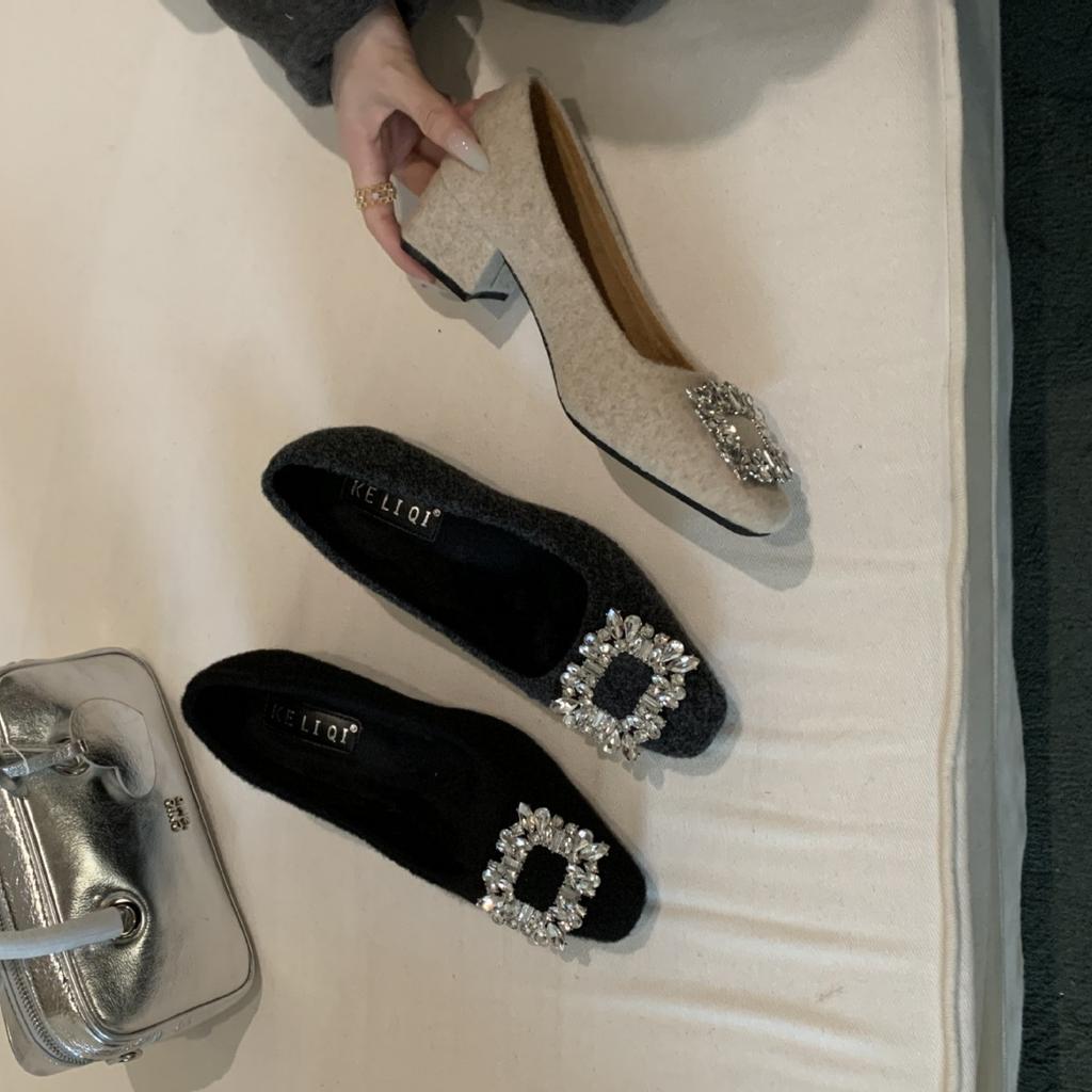 Herbst und Winter 2025 neue kleine quadratische Kopf Strasswolle poliert und Samt flacher Mund OL dicker Absatz Mary Jane Damen Einzelschuhe