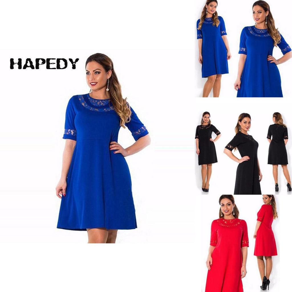 Women Round Collar Plus Size Pure Color Dress With Comfortable Cotton Blend Fabric