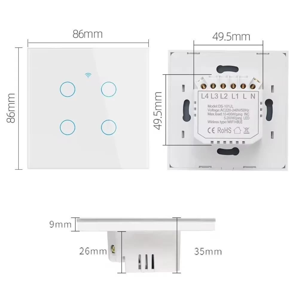 Melery Smart WiFi Switch EU Touch-Lichtschalter, Glasplatte mit/ohne Neutralleiter-Fernbedienung von Alexa Google Home, 1/2/3/4-Gang.