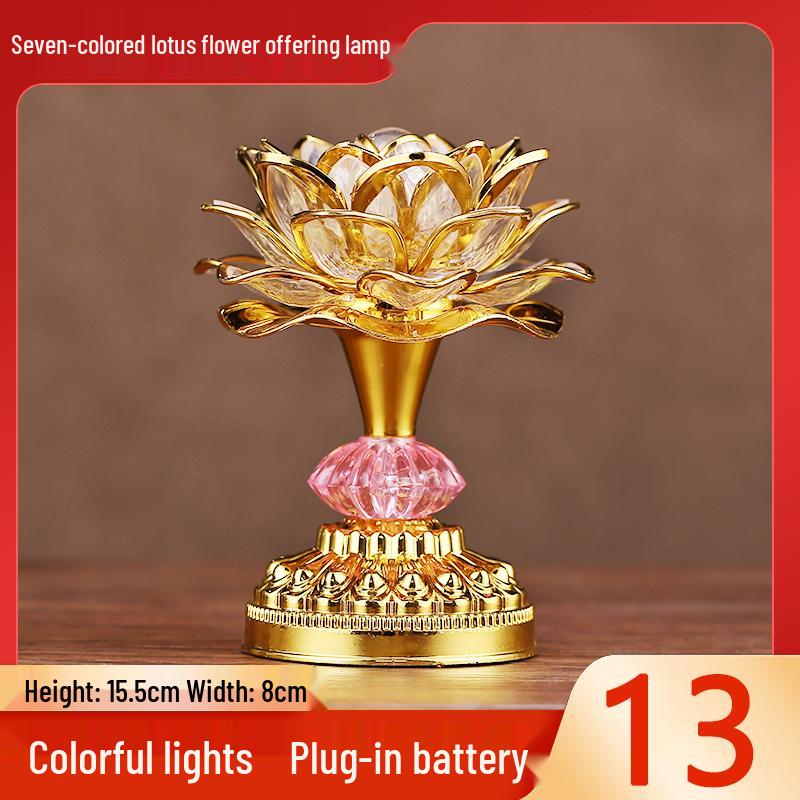 Seven-Color LED Rechargeable Buddha Offering Lamp - Lotus Design for Home and Guanyin Devotion.