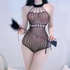Open Crotch Jacquard Fishnet Bodysuit Set with Tearable Stockings