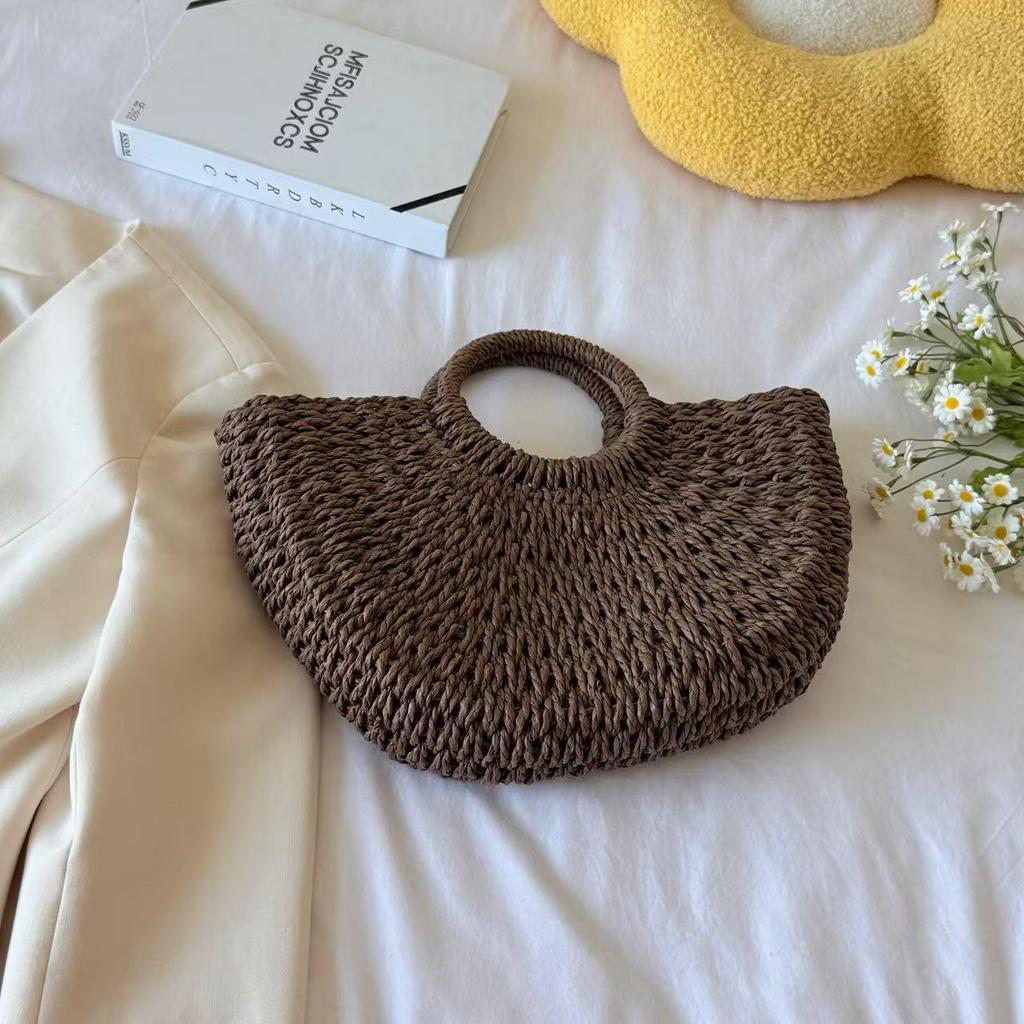 Stylish Handmade Straw Bag, Solid Color Large Retro Beach Portable Tote Bag for Women