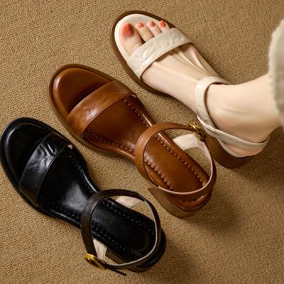 Retro Word with Open-toed Sandals Women's Summer New Soft Sole Not Tired Feet Thick Heel Open-toed Roman Sandals Stepping On Shit
