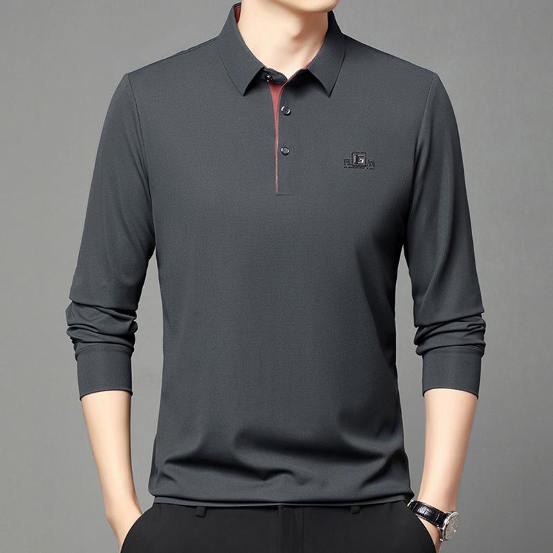 Long-Sleeved Polo Shirt Men'S Simple Casual Bottom Lapel Printed T-Shirt Bottom Shirt