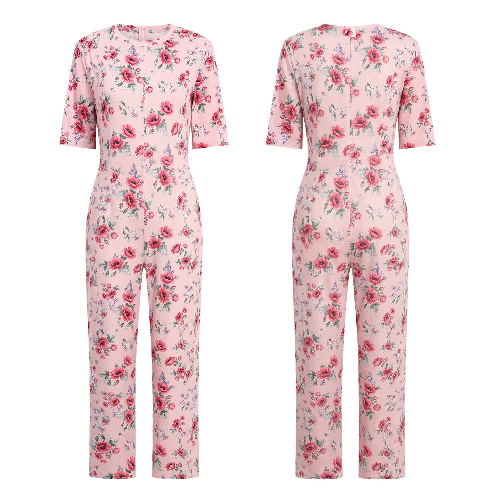 

Women‘s Elderly Nursing Adaptive Jumpsuit S-3XL: Floral Print Short Sleeve Back Zipper Lounging Romper with Anti-strip Design Alzheimer Special Needs S