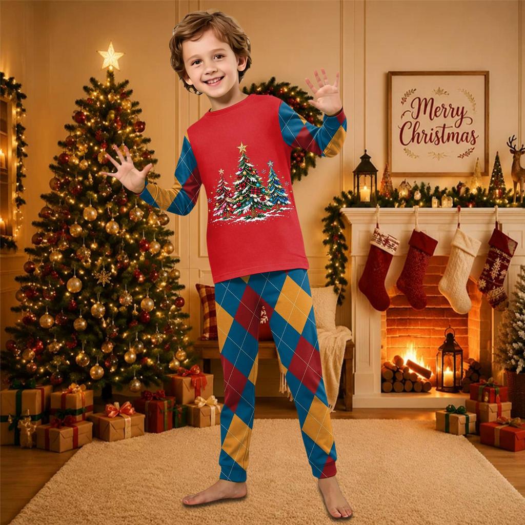 Christmas-print long-sleeve and long-pant matching family loungewear set