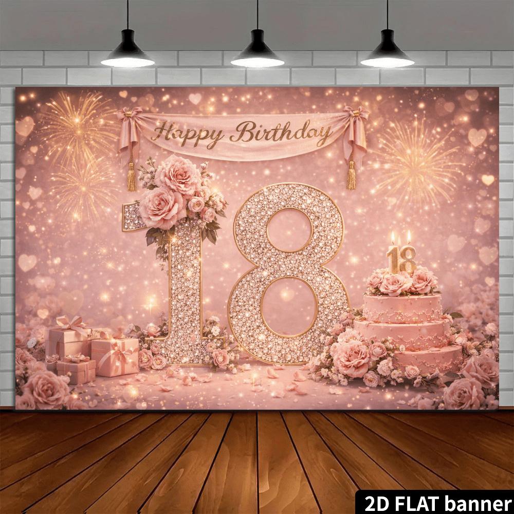 2D Flat Colored Fireworks 18th Birthday Backdrop Cloth with Diamond-encrusted Numbers 18 and Fireworks Cake Elements Yzb