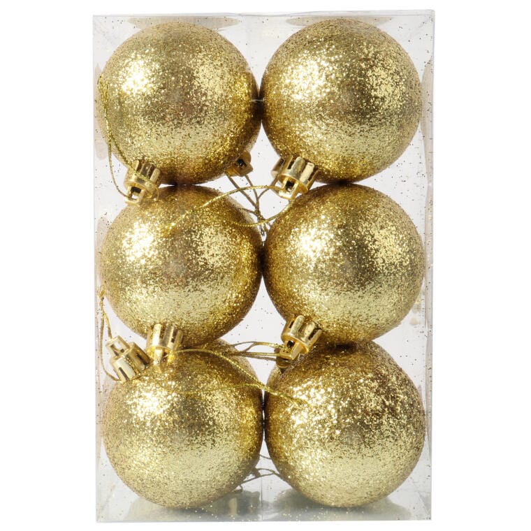 Set of 12 Gold Glitter Christmas Baubles, 6 cm