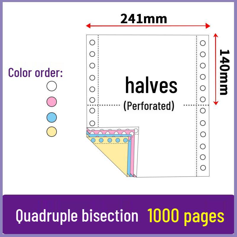Three-part, two-fold pin-feed paper; two-part, three-fold accounting voucher paper; three-part, four-part printer form.