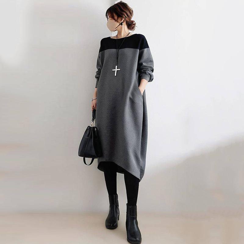 

Autumn Loose Plus Size Round Neck Patchwork Casual Elegant Comfortable Dress Lightweight High Recognition Elegant with Flattering Chic Dress L темно-сірий