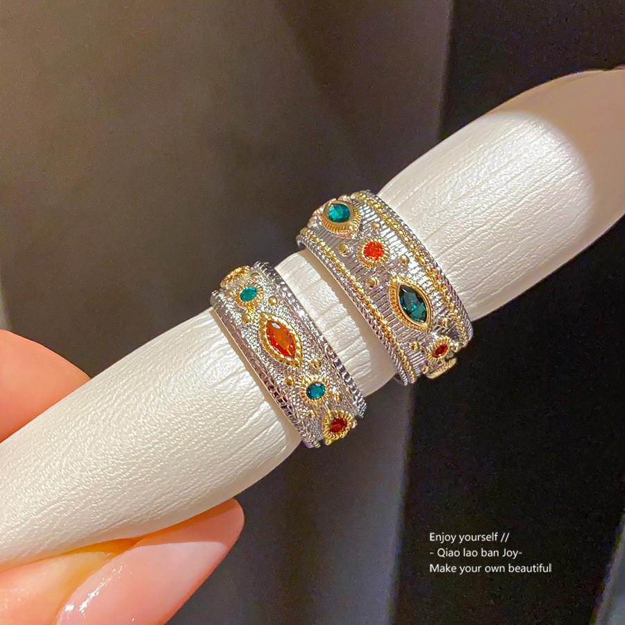 Vintage Copper Zircon Ring For Women With Geometric Pattern Elegant Hand Jewelry