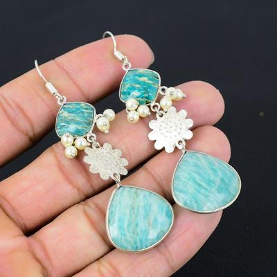 Natural Amazonite Gemstone Drop/Dangle Earrings 925 Sterling Silver Jewelry