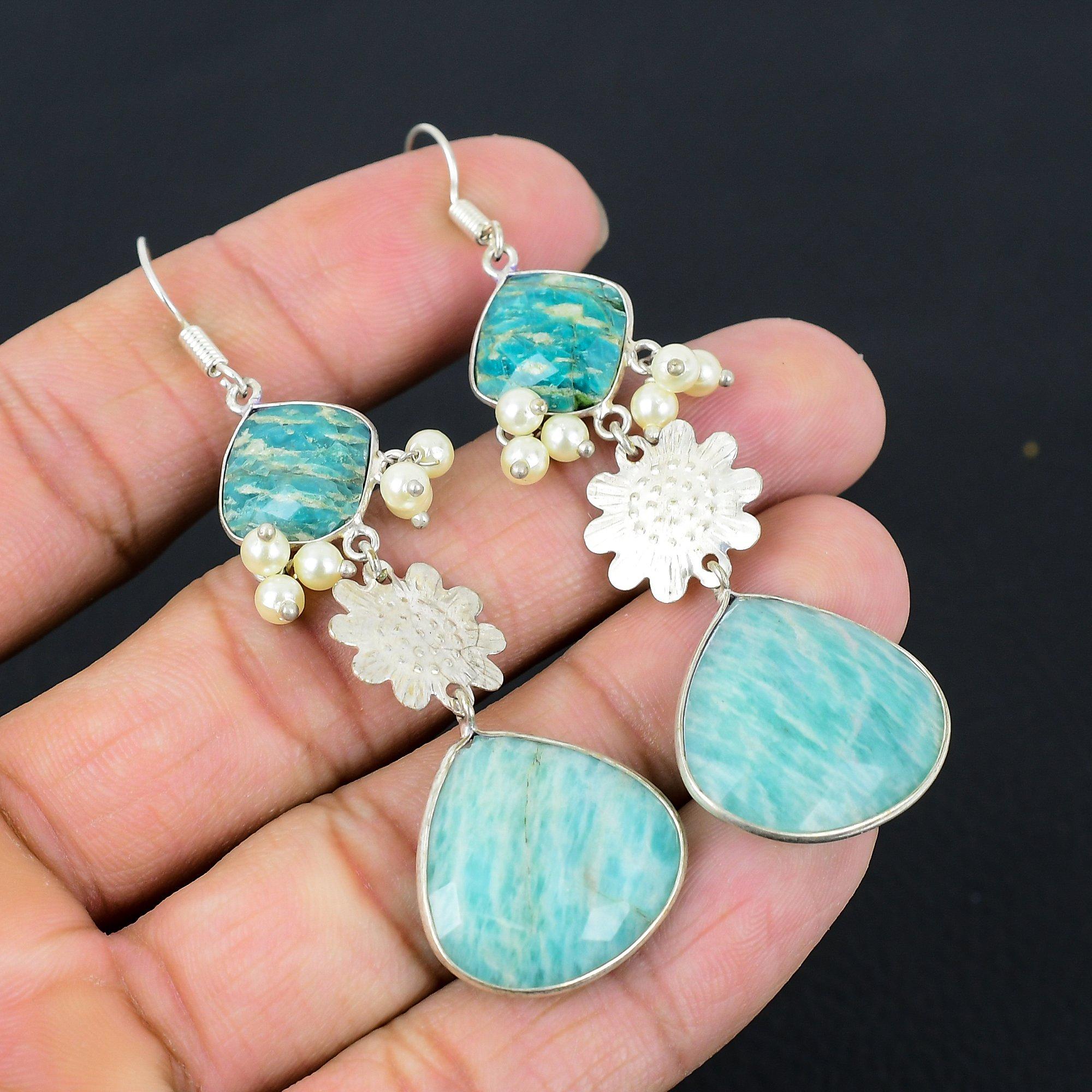 

Натуральный Амазонит Камень Капля/Висячие Серьги 925 Стерлинговое Серебро Ювелирные Изделия