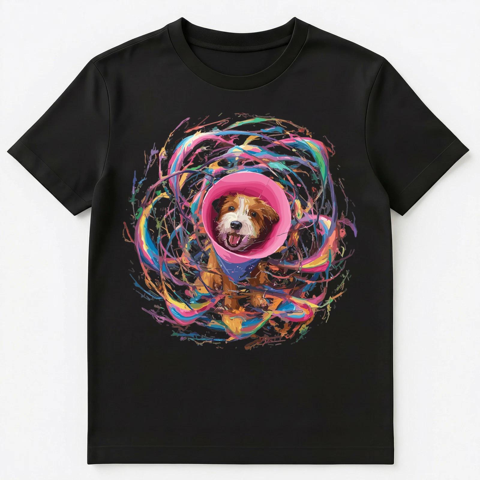 Colorful Paint Splash Dog Wearing A Cone Art Graphic Unisex T-Shirt L