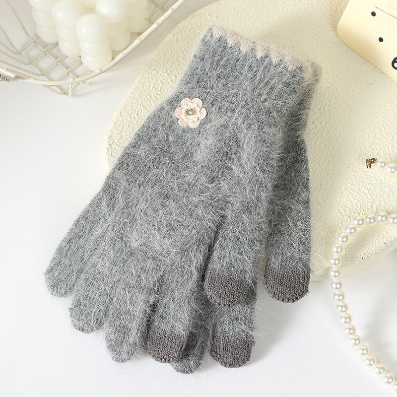 Finger gloves winter women's new thickened warm solid color cute student cycling cold-proof wool gloves women