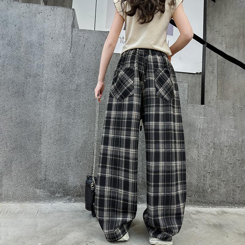 Kids Spring Autumn Plaid Pants for Teenage Girls Causal Loose Straight Drawstring Trousers Child Fashion Sweatpants 5-14Y