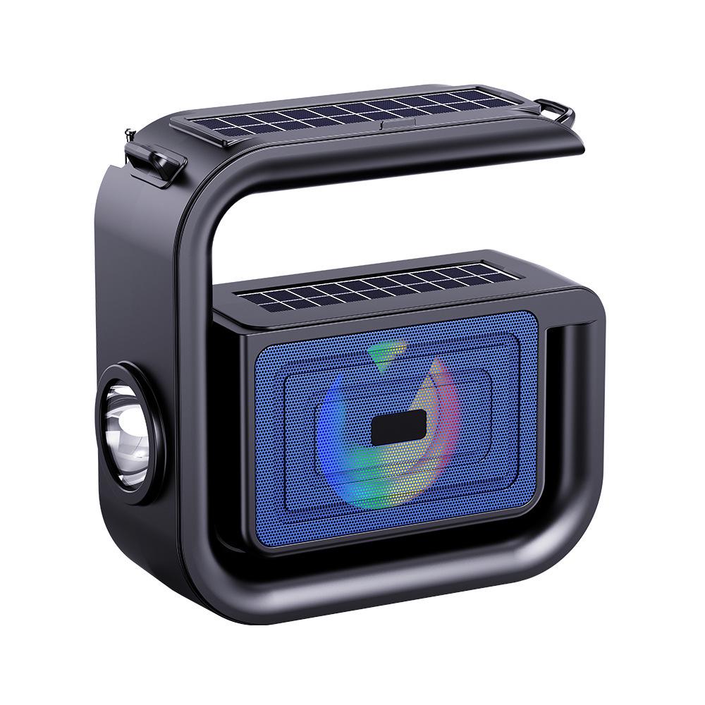 Solar-Powered Bluetooth Speaker with Bass, Flashlight, and Phone Holder for Outdoor Use