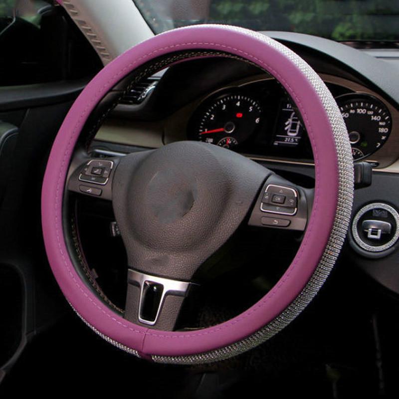 Crystal Rhinestone Car Leather Steering Wheel Covers Cap Steering-Wheel Cover Auto Car Interior
