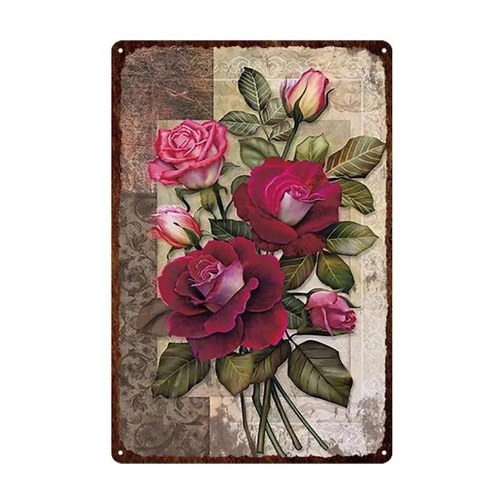 Vintage Blooming Flowers Metal Tin Signs Wall Art Posters Plate Wall Decor for Home Garden Bars Man Cave Cafe Clubs Garage Retro