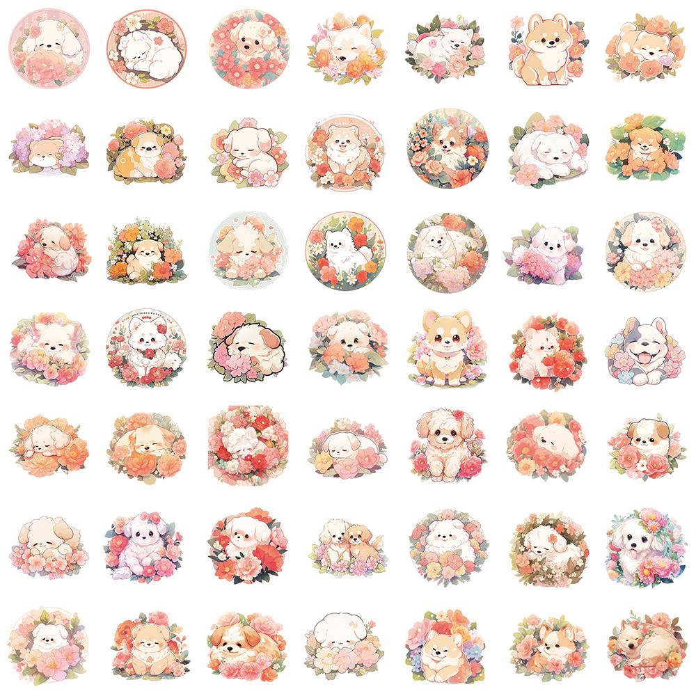 10/30/50pcs Cute Cartoon Puppy Dog and Flower Stickers Kawaii Sticker for Kids Toy DIY Water Bottle Phone Diary Graffiti Decals