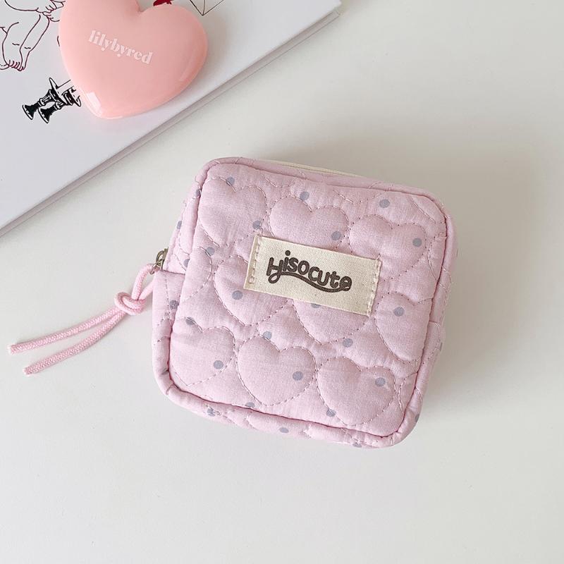 Kawaii Quilted Heart Polka Dot Mini Pouch Cute Square Coin Purse With Label Multifunctional Lipstick Cosmetics Items Storage Bag