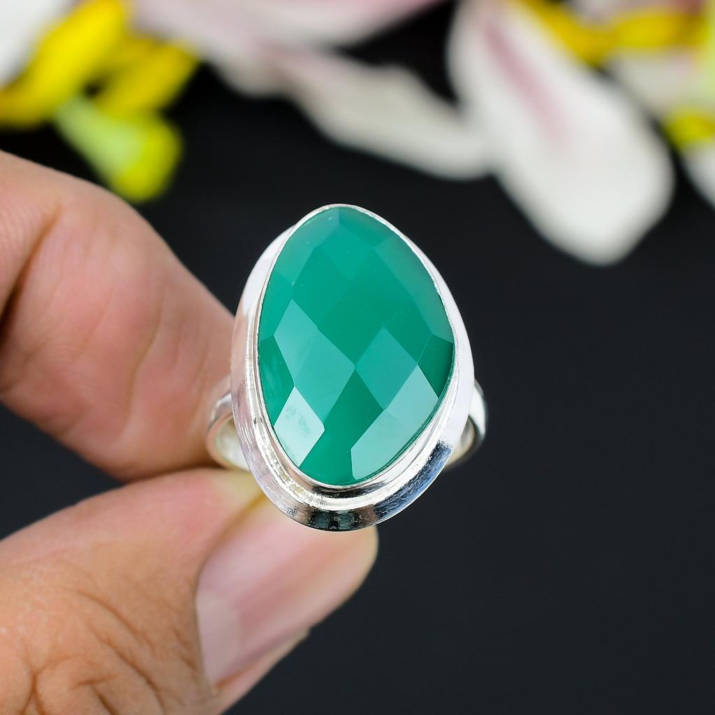 Green Jade Gemstone Handmade 925 Sterling Silver Jewelry Ring Size 8.5 KG-336