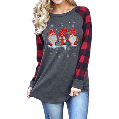 Weihnachtsdruck Langarm Rundhals T-Shirt Damenmode Kleidung
