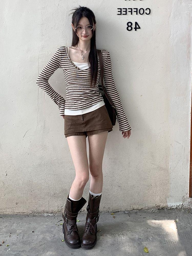 Korean-Style Coffee Striped V-Neck Slimming Two-Piece Women's Long Sleeve Top for Autumn/Winter