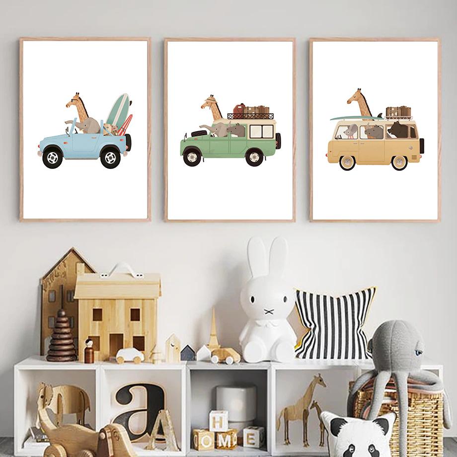Cartoon Auto Giraffe Elefant Affe Bär Wand Kunst Leinwand Malerei Nordic Poster Und Drucke Tier Wand Bilder Kinderzimmer Dekor