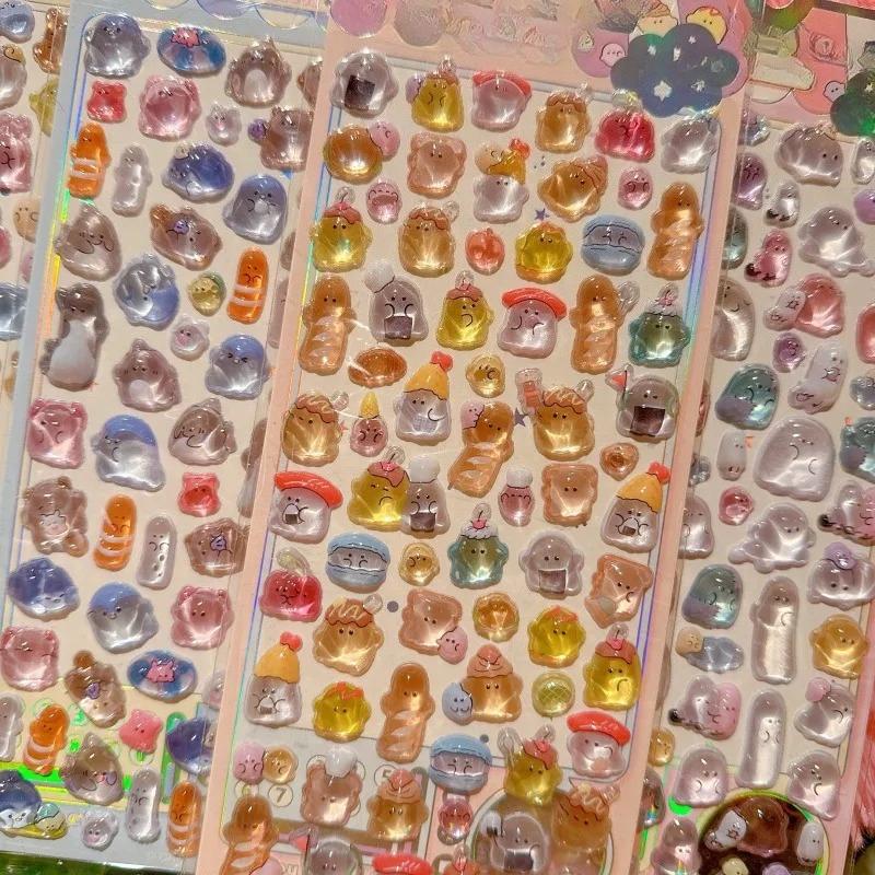 1Pc Cute Cartoon Ghost Family 3D Relief Stickers Fun Jelly Transparent Decoration for Phone Cases Children's DIY Crystal Sticker