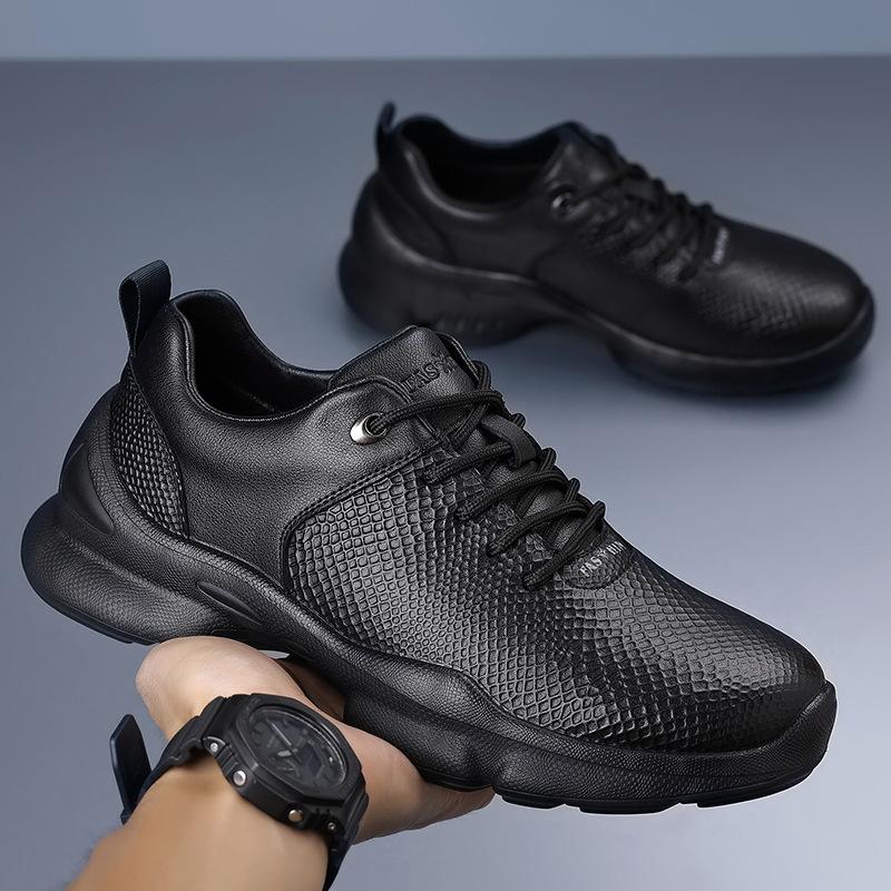 New Shoes for Men Leather Casual Shoes Cool Black Leisure Sport Shoes Thick-soled Lace-up Sneaker