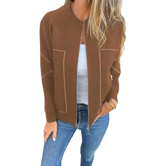 Fall Spring Women Jacket Round Neck Solid Color Long Sleeves Zip-up Baseball Coat Loose Cardigan Daily Wear Outdoor Vacation Shopping Coat