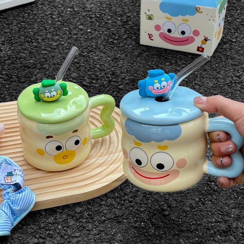 Funny Clown Mug High looking Ceramic Cup with Lid Spoon Couple Drinking Water Cup for Girls Birthday Gift Retro