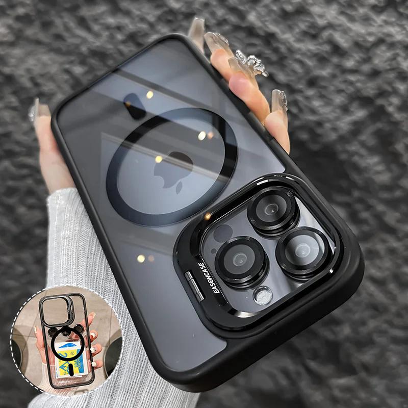 Magnetic Metal Lens Protector Stand Holder Case For iPhone 15 12 13 14 11 Pro Max Plus For Magsafe with Glass Lens Clear Cover