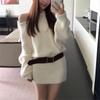With belt slanted shoulder long sleeve knitted dress women's autumn and winter new fashion pure desire wind waist sweater hip skirt women