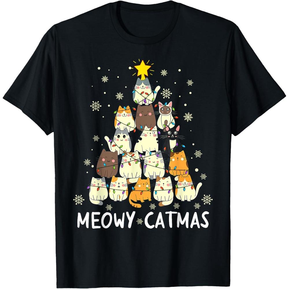 Meowy Catmas Cat Christmas Tree Xmas Girls Boys Funny Santa T Shirt XXL чёрный