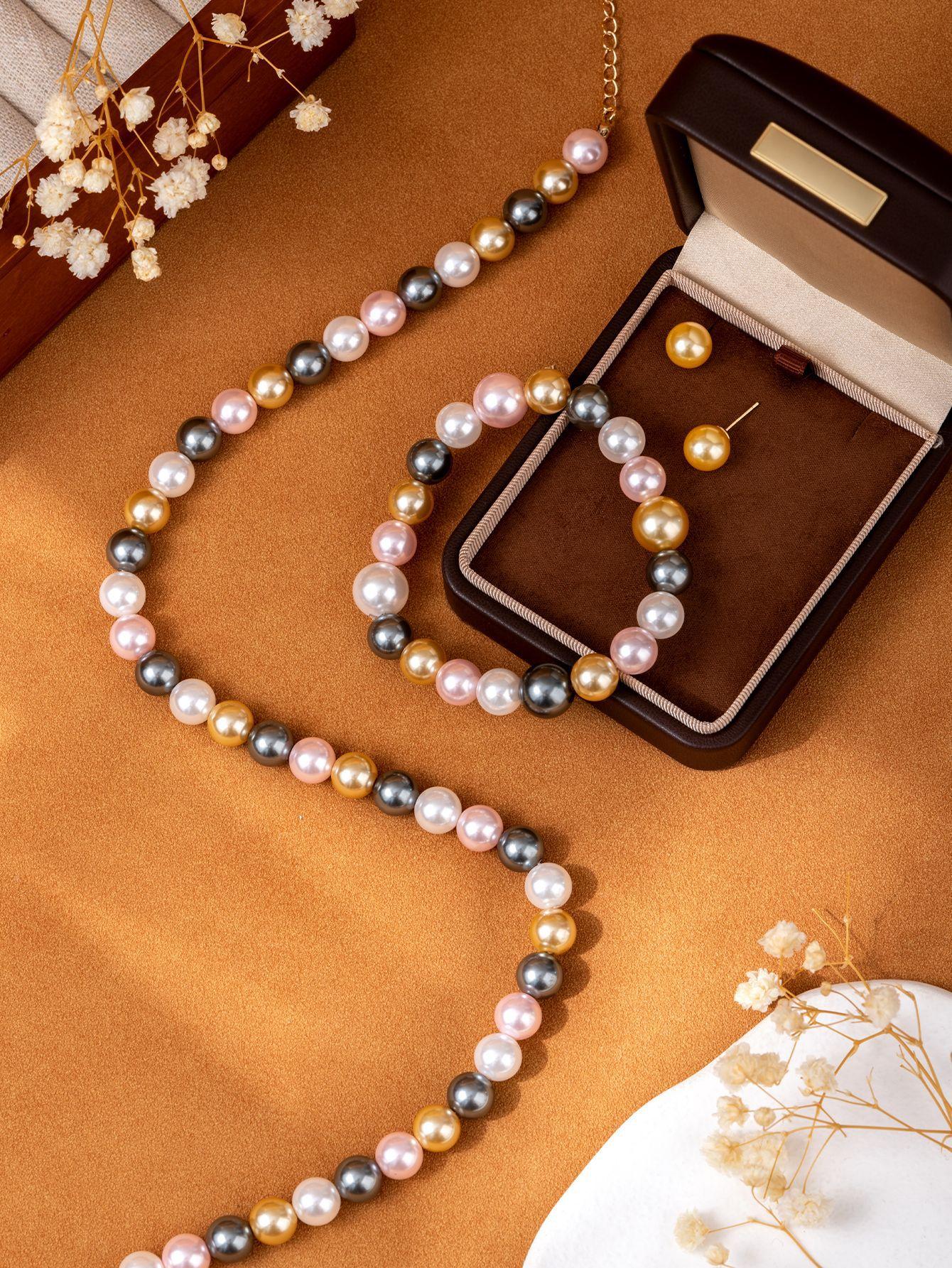 Shijia Colorful Pearl Necklace Bracelet Stud Earrings Three-piece Set Gentle and Simple Set