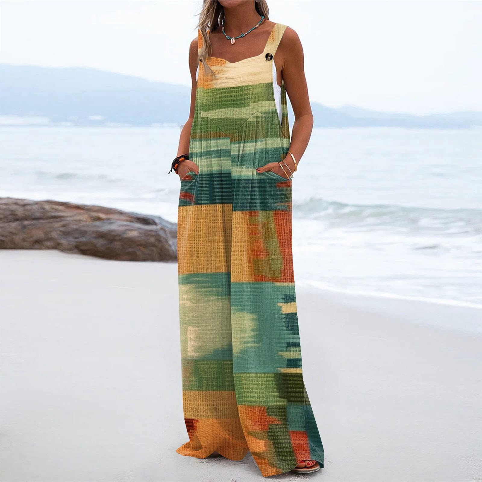 

Женский модный повседневный свободный комбинезон без рукавов с карманами и принтом XL зелёный